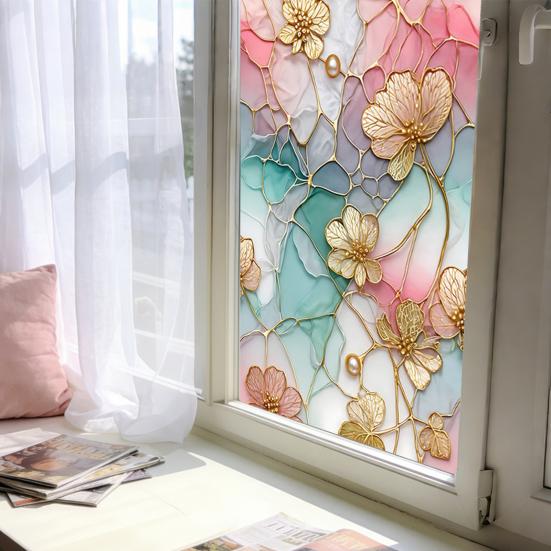 Film de fenêtre floral pour la vie privée, amovible, statique, film de protection de la vie privée, film de fenêtre décoratif imperméable pour la maison, la salle de bain, la cuisine