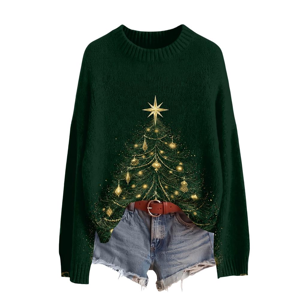 Women's Christmas Print Neck Long Sleeve Sweater Soft Casual Top for Fall Winter Holiday