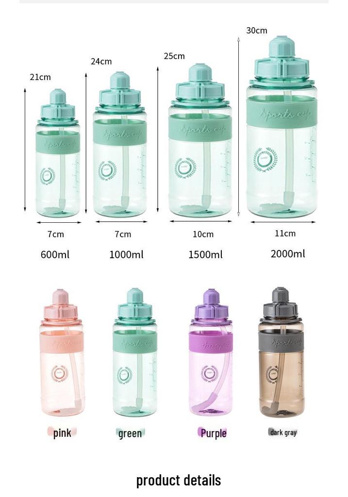 Portable 2000ml Sports Water Bottle with Double Lid and Straw for Men and Women, Ideal for Fitness Activities