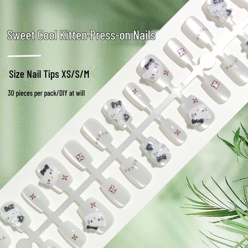 

Sweet Kitten 3D Black & White Cat Press-On Nails - 30 Cute Cartoon Nail Art Patches