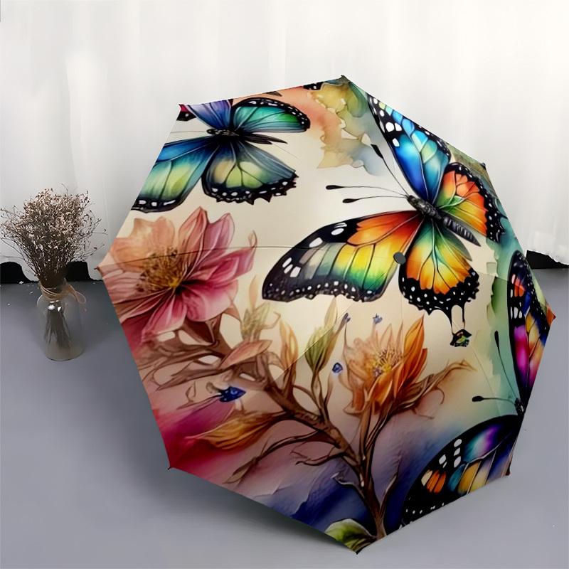 1pc Colorful Butterflies and Flowers Umbrella with Plastic Handle,Suitable for All Seasons Home Travel Outdoor UmbrellaDD160