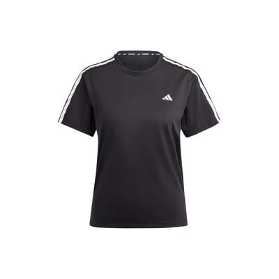 Camiseta Esportiva Refletiva de Manga Curta com Gola Careca e Bloco de Cores Três Listras Feminina Tops Preto IQ3875