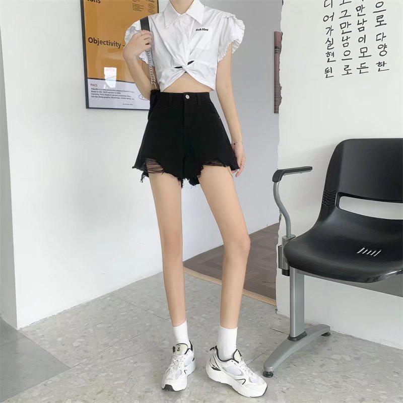

2025 Summer Retro High-Waisted Slimming A-Line Wide-Leg Denim Shorts for Women XL чёрный