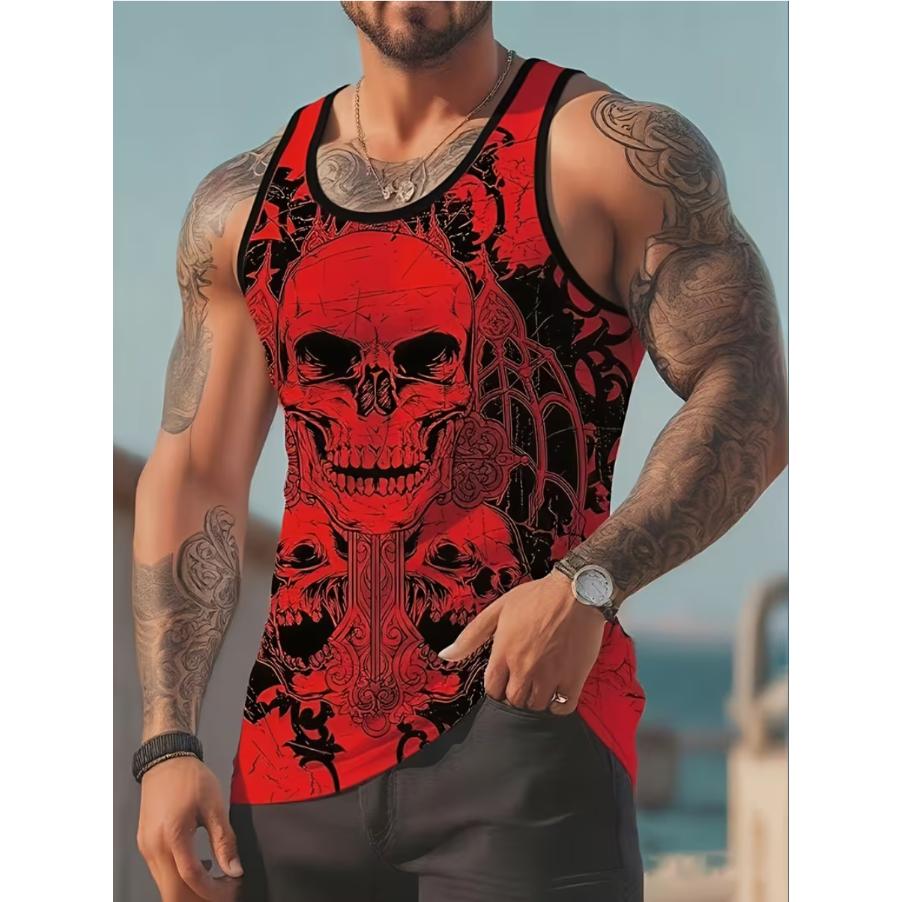 Men s Summer Casual Skeleton Print Round Neck Vest XS