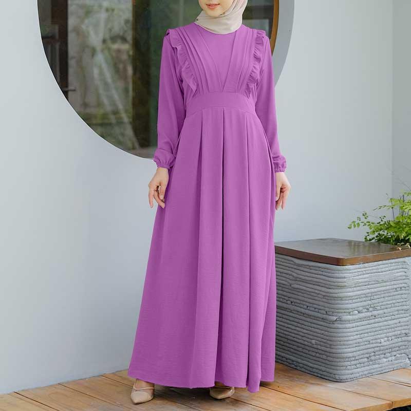ZANZEA Muslim Casual Round Neck Long Sleeve Women Dresses