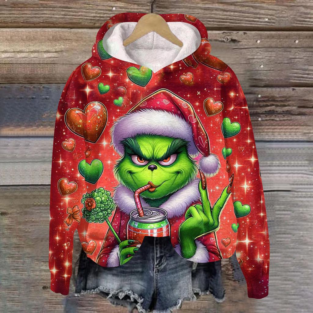 Ladies' Christmas Greentown Print Casual Long Sleeved Hooded Sweatshirt Top