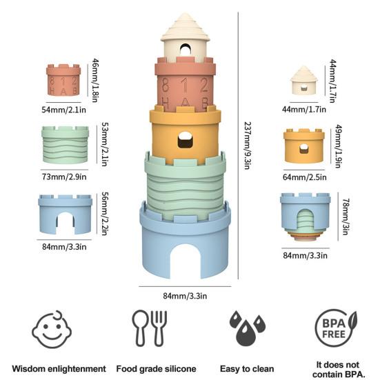 1 Set Baby Stacking Toy Smooth Edge Safe No Odor Anti-cack Silicone Chewable Castle Shape Color Cognition Promote Hand-eye Coordination Number