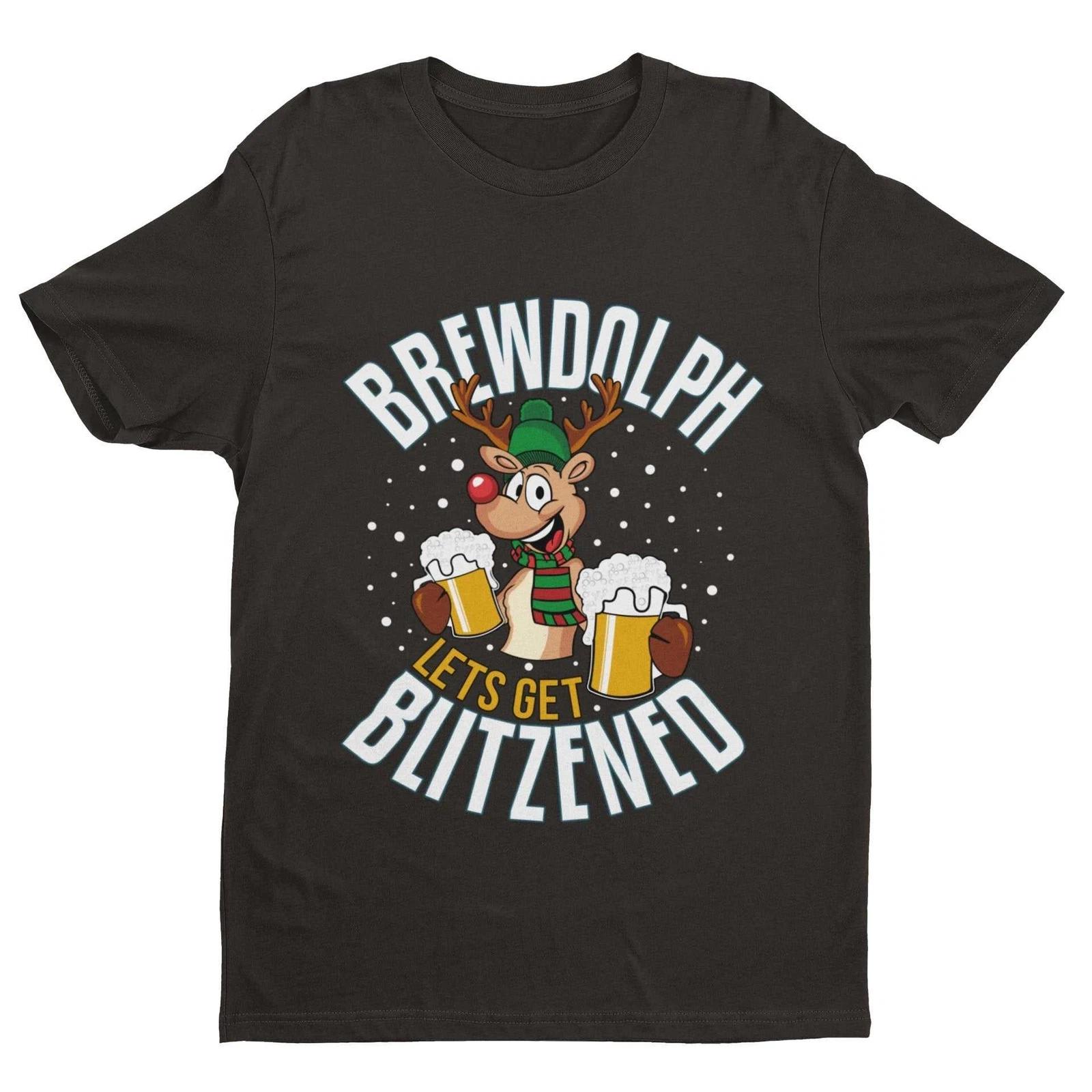 Funny Christmas T Shirt Brewdolph Lets Get Blitzened Rudolph Reindeer Drinking 4XL