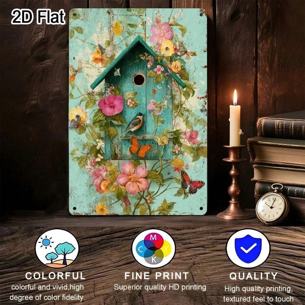 Vintage Red Cardinal Bird Metal Wall Art Rustic Turquoise Floral Garden Sign 8x12 Inch