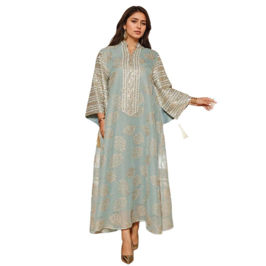 Spring/Summer Tassel Leaf Embroidered Muslim Long Dress - Elegant & Fashionable Cover-up Robe