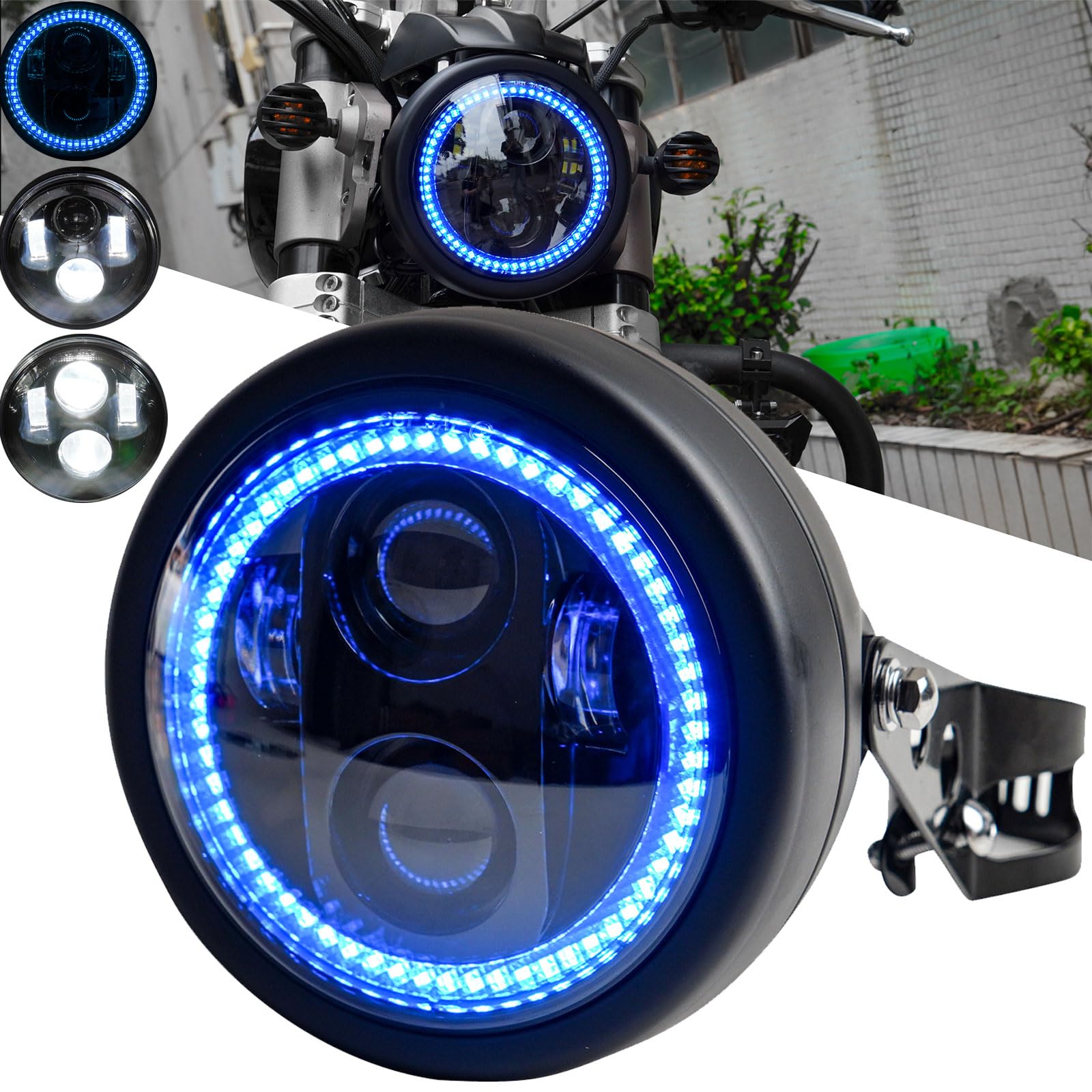 

Motikvans LED Motorcycle Round Headlight with Universal White Compatible with Harley Rebel Vulcan Honda Shadow and Rebel with Bracket DRL 5.75-inch