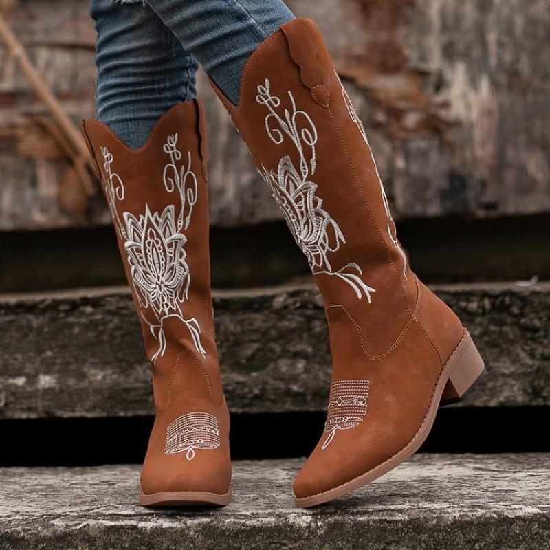 Large size embroidered high tube but knee fashion boots autumn and winter new square heel round head women's boots