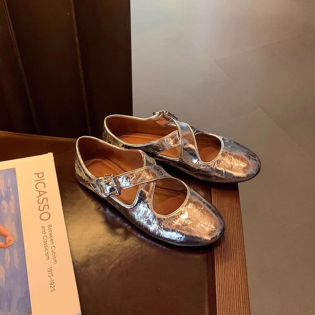 Schafsleder-Version~ Mary Jane Einzelschuhe mit silberner runder Spitze und gekreuzten Riemen, Damenleder, vielseitig, flache Ballerinas mit leichtem Ausschnitt
