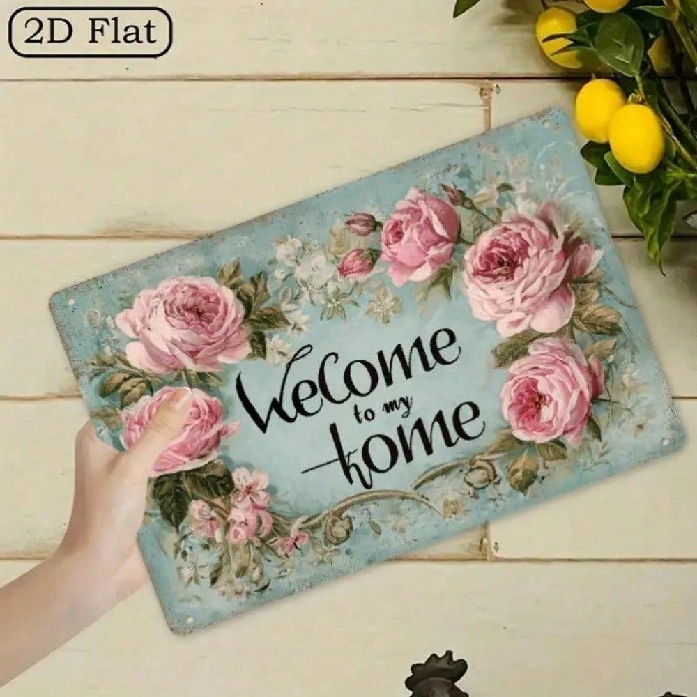 Vintage Welcome Sign, Rustic Floral Metal Wall Decor, Pink Roses Home Entry Art 12x8