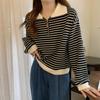 women half-zip striped sweatshirt polo collar long sleeve casual loose fit pullover top