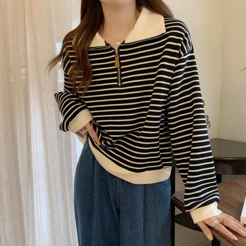 women half-zip striped sweatshirt polo collar long sleeve casual loose fit pullover top