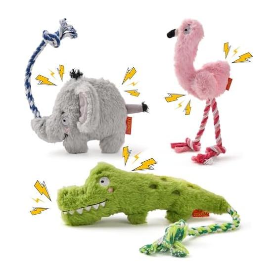 AUSCAT Small Dogs, Medium Dogs, Dog Toy, Rope, Chew Toy, Sturdy, Long Stuffed Animal, Sound Dog Toy, Puppy, Crocodile & Elephant & Flamingo