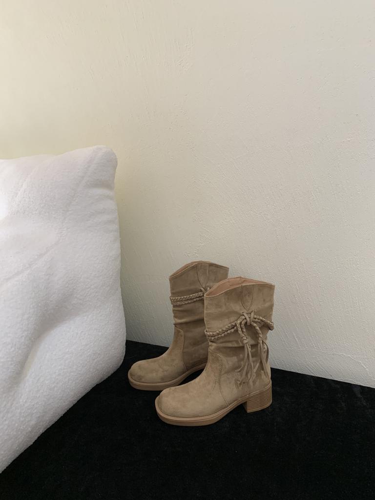 Grape mother of the same style, height increased by 5cm~ wasteland wind fringed braided belt thick heel pile medium and high boots women's Egyptian 