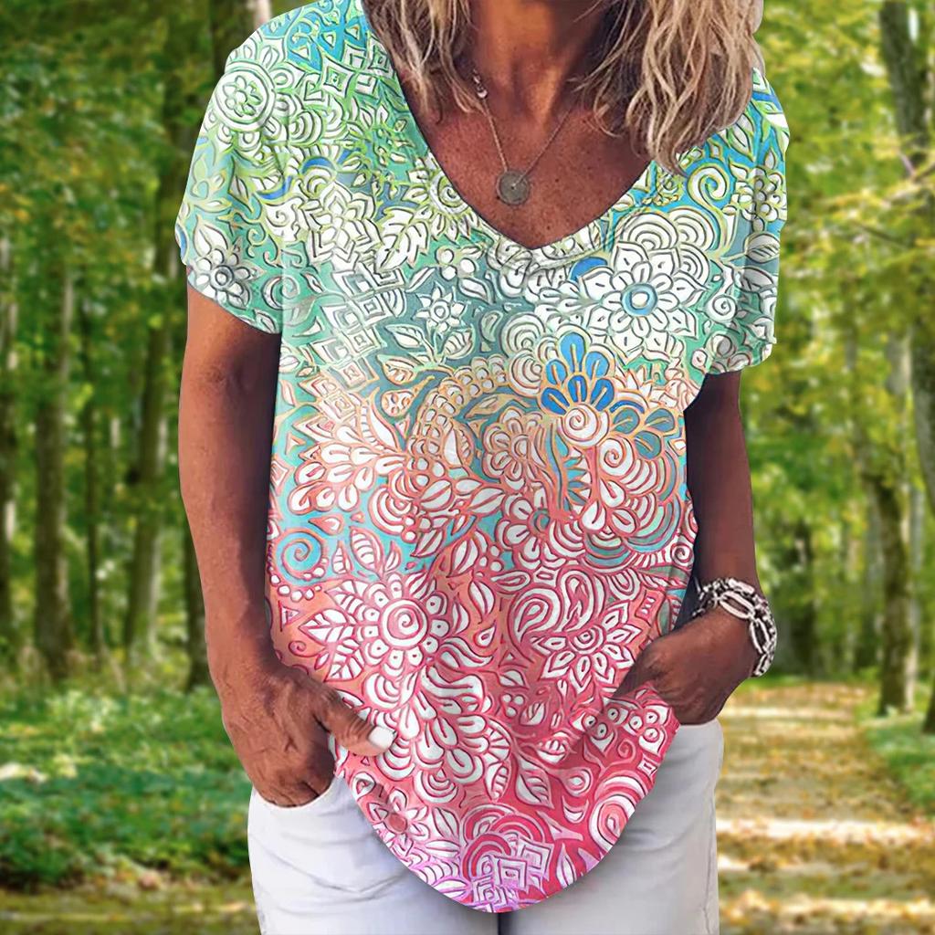 Fashion Women's T-shirt 3D Floral Print Tops Tees V Neck Short Sleeves Female Clothes Summer Large Size T Shirt Woman Clothing