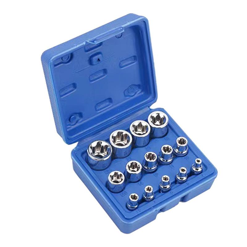 14Pcs E4‑E24 1/4" 3/8" 1/2" Drive Female E‑Type Plum Blossom Socket Wrench Kit with Storage Box Auto Repair Hand Tool