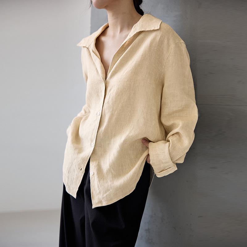 

Women s 100% Linen Long Sleeve Shirt - Loose Fit, Single-Breasted, Solid Color, Autumn Style, Versatile for Commute. Medium светло-желтого