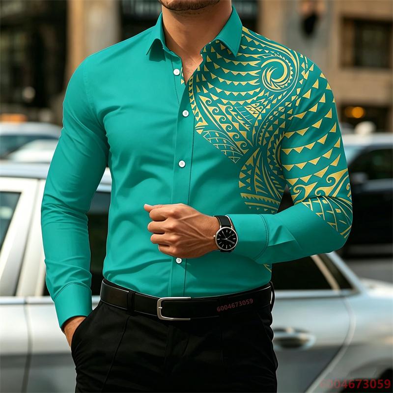 2026 New Men's Long-Sleeve Shirt, Fashionable Pattern Print, Slim Fit, European Size Business Casual Men's Top