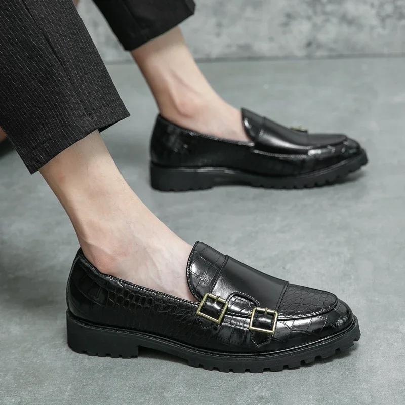 Fashion Men Monk Shoes Side Buckle Loafers Slip-On Leather Shoes Thick Sole Non-slip Men Specific Prom Dress Social Shoes 2024