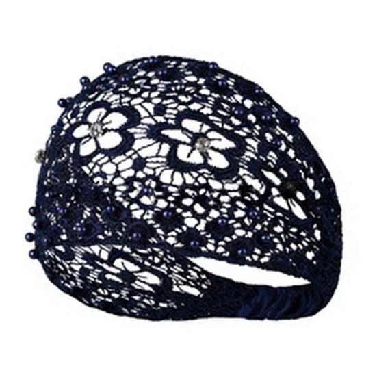 Women Headband Hollow Design Embroidery Lace Flower Elastic Headband with Imitation Pearl Sparkling Rhinestones Inlaid Hair Accessories темно-синий