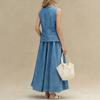 Completo in Denim da Donna: Top Casual Girocollo Senza Maniche Larga e Gonna a Vita Alta A-line