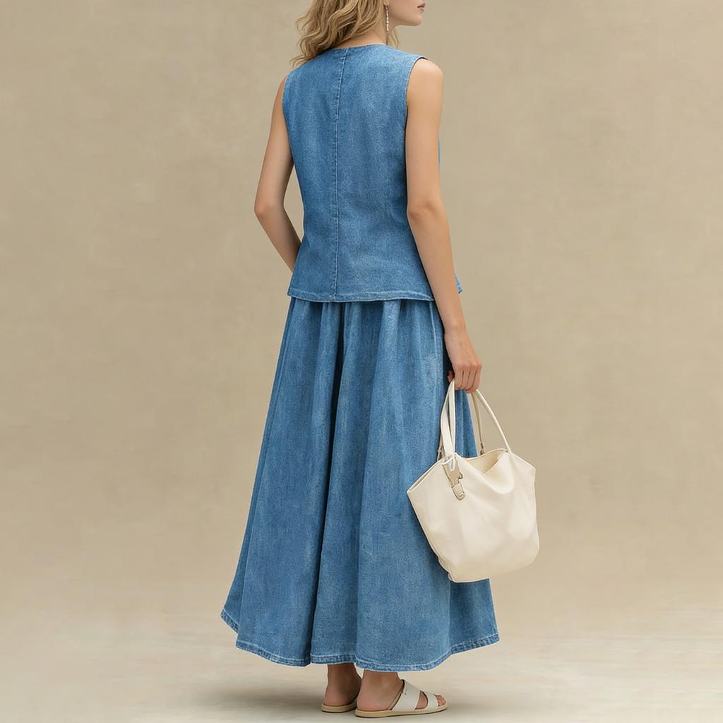 Completo in Denim da Donna: Top Casual Girocollo Senza Maniche Larga e Gonna a Vita Alta A-line
