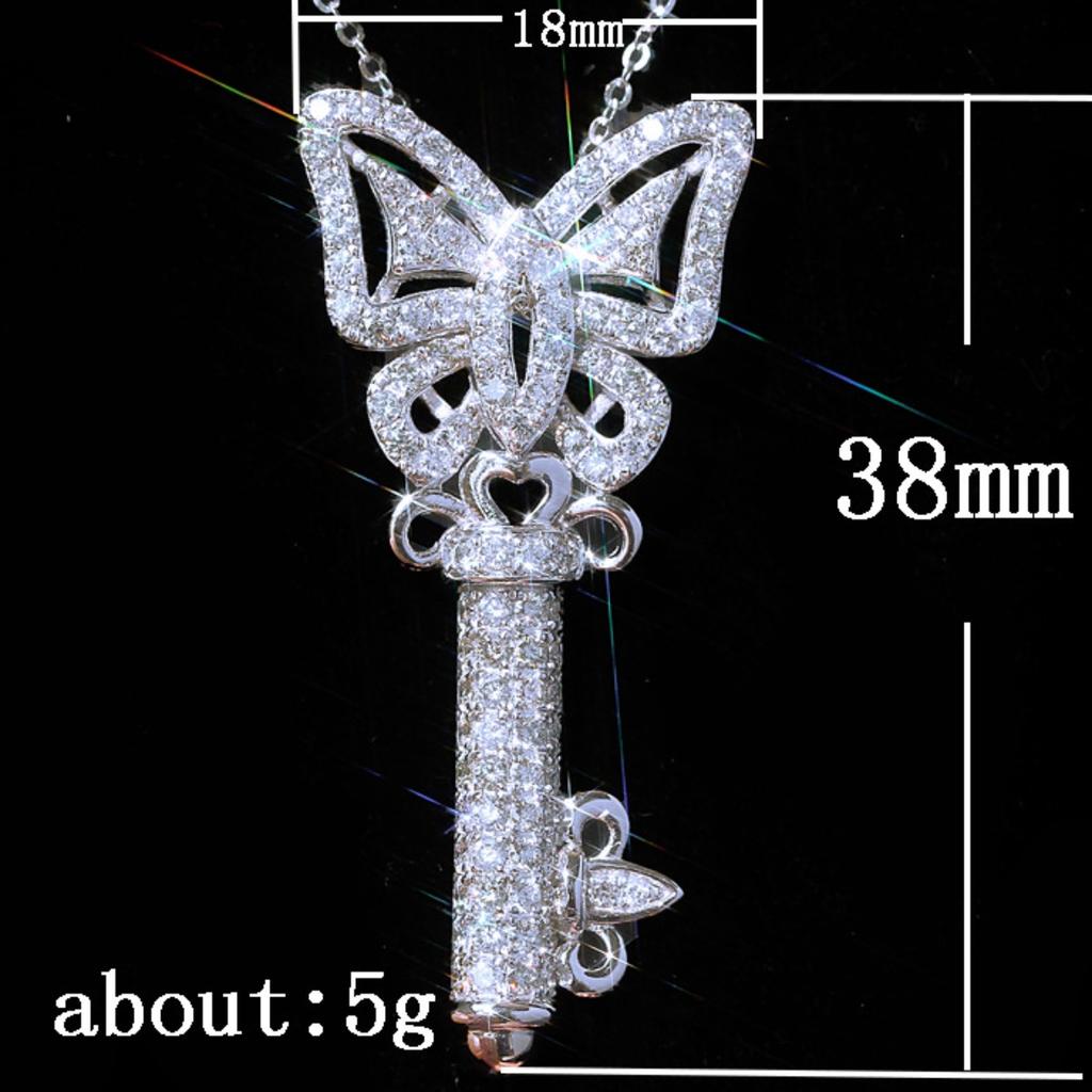 Full Paved Hollow Butterfly Top Key Shaped Pendant Women Cable Chain Clavicle Necklace