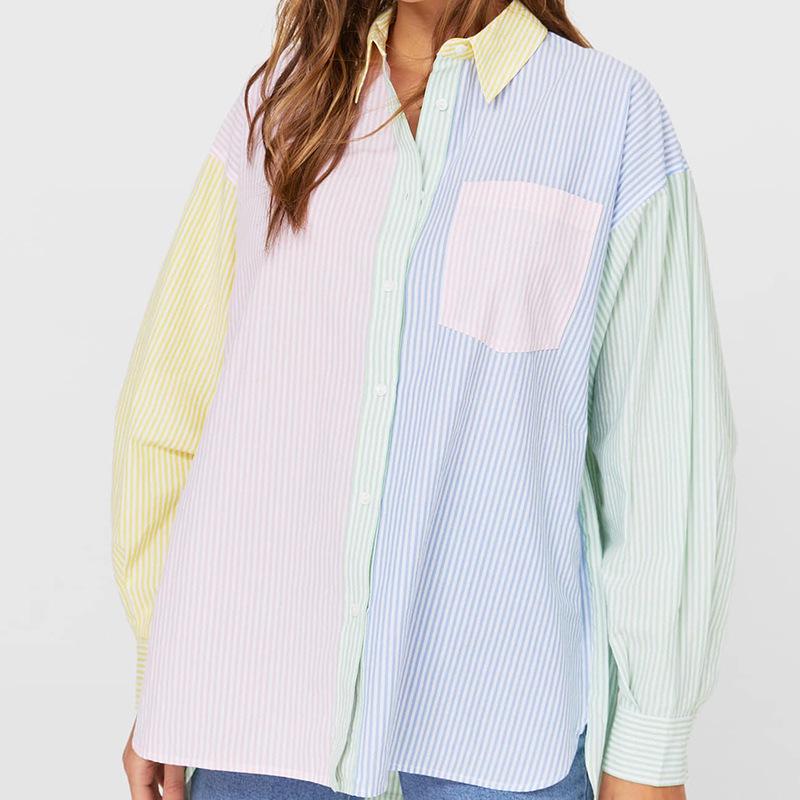 

Autumn Tri-Color Patchwork Long Sleeve Loose Women s Shirt Medium