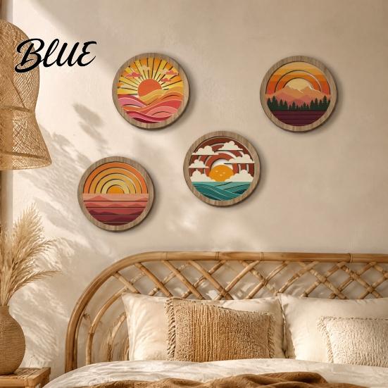 Four Piece Mountain Wall Decor 4Pcs Boho Sunset Art Abstract Landscape Round Hanging Ornaments Decorative Wooden Rounds for Living Room Bedroom