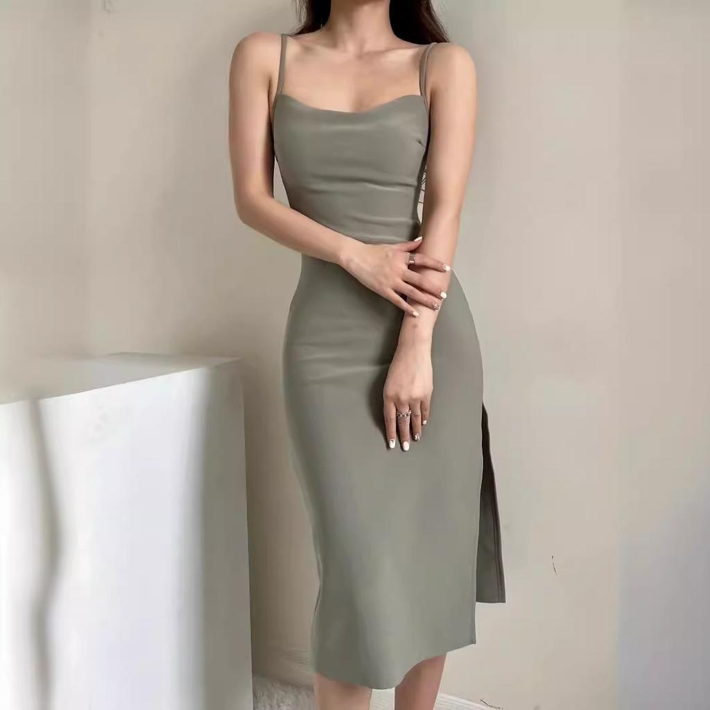 Kendou French sexy one-word collar high waist slim side split suspender medium and long dress hip skirt women
