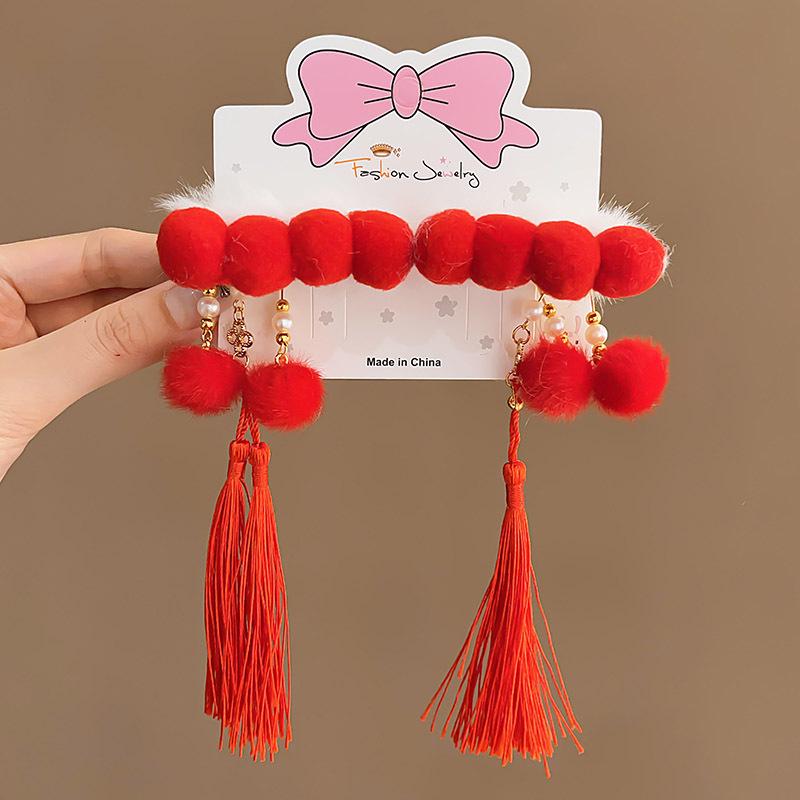 Fermacapelli Rosso a Fiocco Stile Antico - Accessorio Festivo per Hanfu da Bambina, Perfetto per le Celebrazioni di Capodanno
