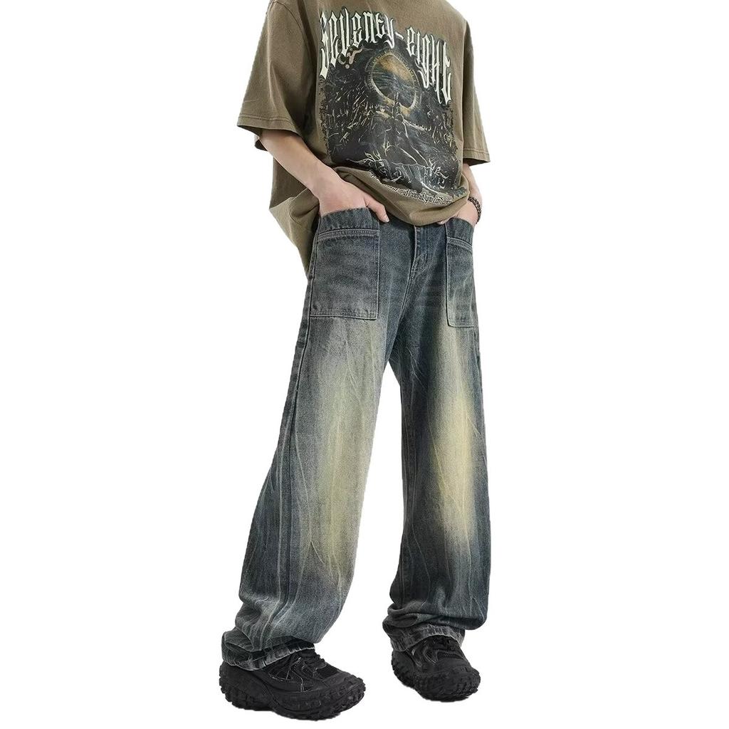 Black denim wide-leg pants men's American retro washed old straight loose jeans trendy versatile casual pants
