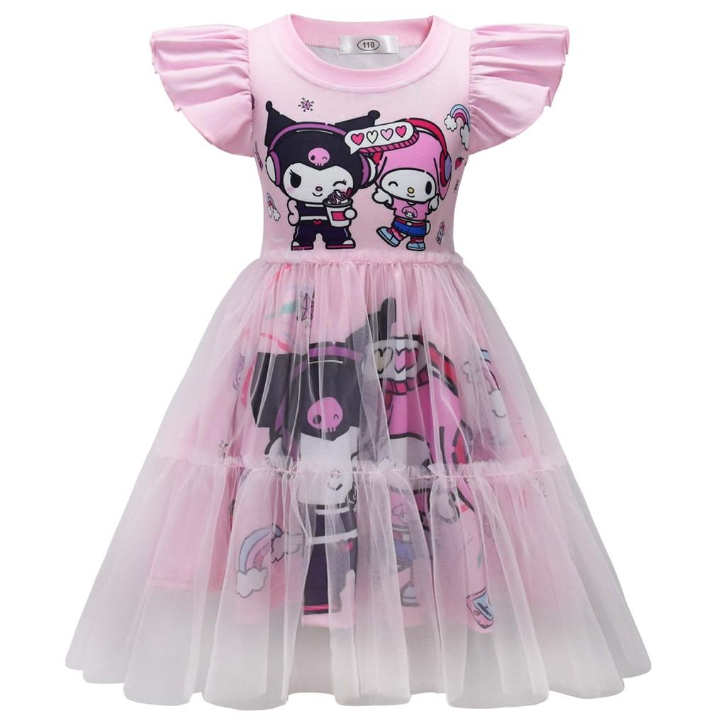 98028 Kids Girls Kuromi Melody Print Round Neck Mesh Dress 110 розовый