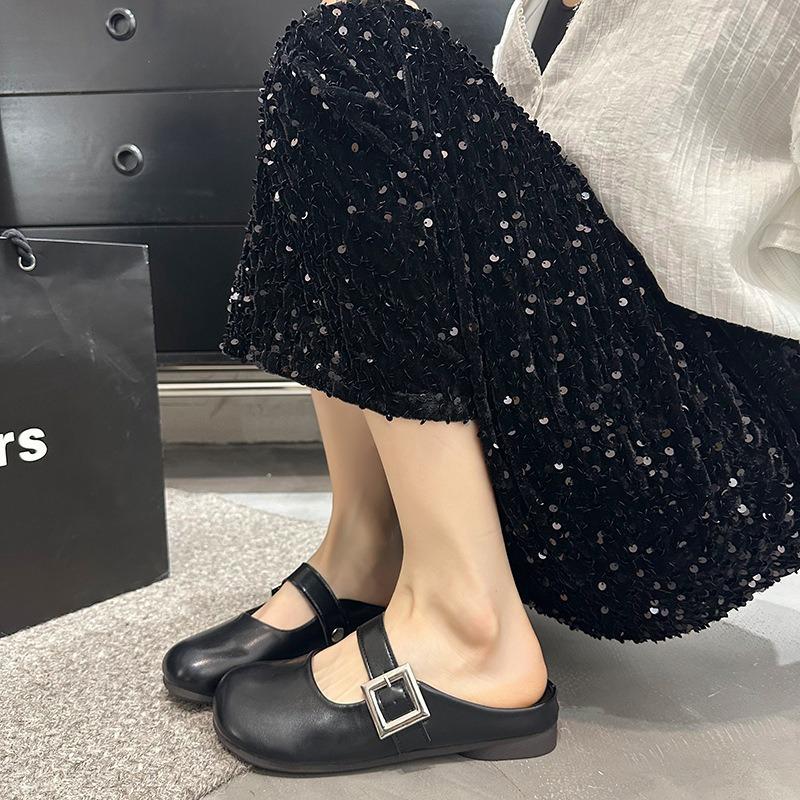 Half drag flat bottom bag head half slippers women's summer outer wear single shoes women's new niche beige