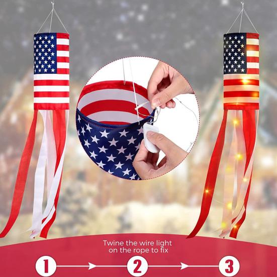 Amerikanische Flaggen-Windsock mit LED-Lichtern, große rot-weiß-blaue patriotische Windsocke für den 4. Juli, Memorial Day, Garten, Außenbereich