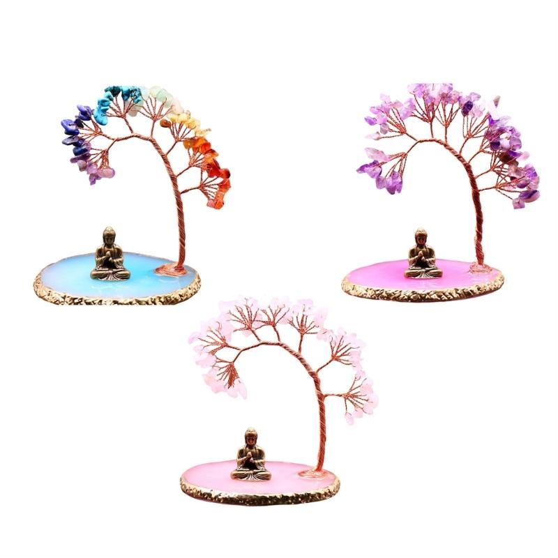 Money Tree Crystal Tree and Buddhas Statue Yogas Meditations Decors for Home Office Shelf Decoration Wealth andLuck