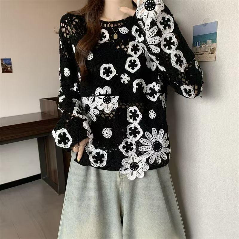 Bohemian Crochet Hollow Knit Sweater for Women Loose Color-Block Long-Sleeve Knit Pullover Top