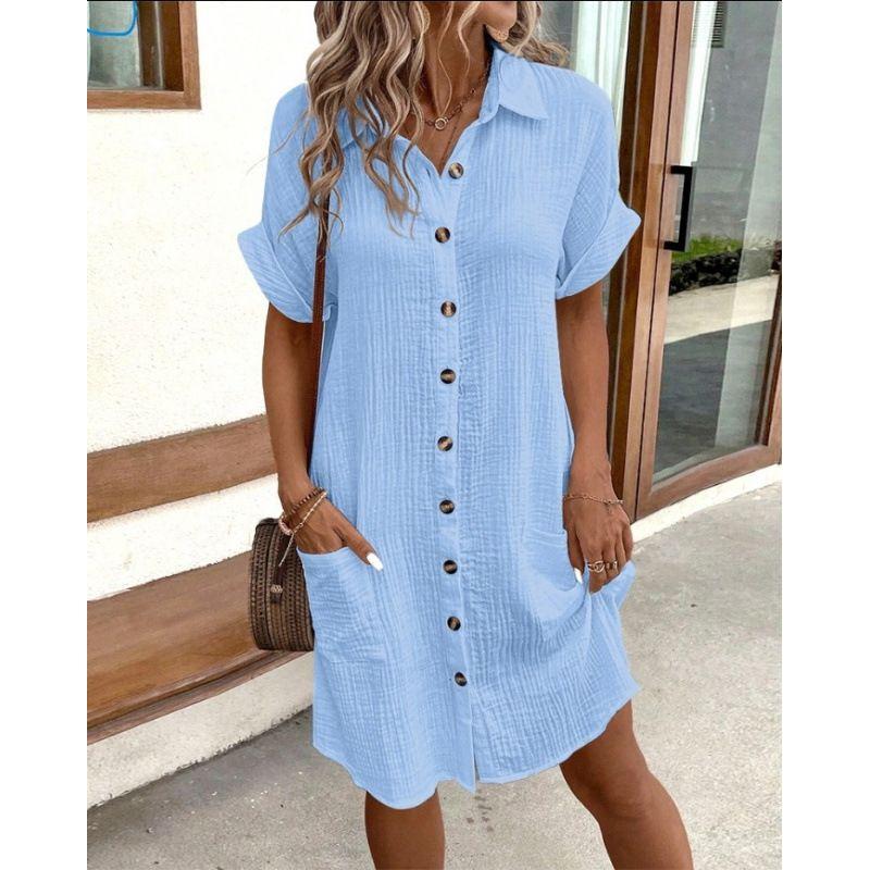 

Minimalist V-neck Button up Dress for Women Simple V-neck Button Dress Light Blue M