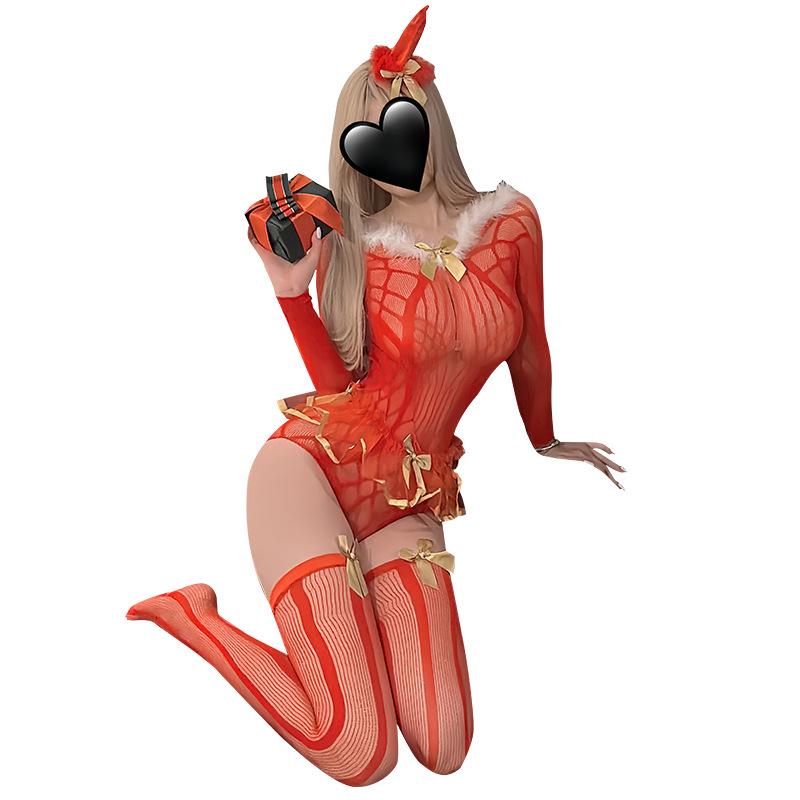 Sexy Christmas Princess Lingerie: Tempting Bodysuit with Fishnet Stockings