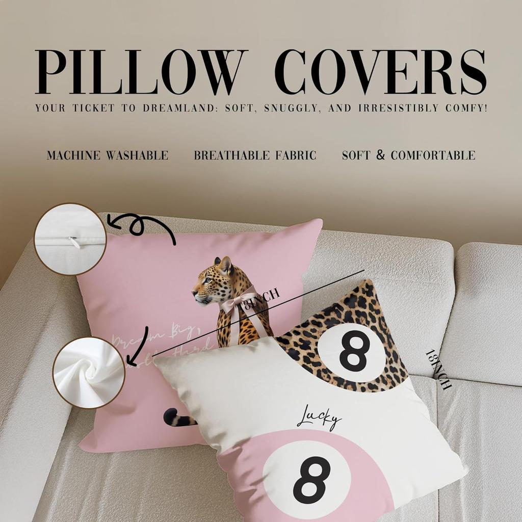 Trendy Funky Cheetah Pink Y2K Luck 8 Ball Pillow Covers 18x18 Set of 2,Pink Leopard Decorative Pillowcases,Cheetah Throw Pillow Covers for Couch Sofa