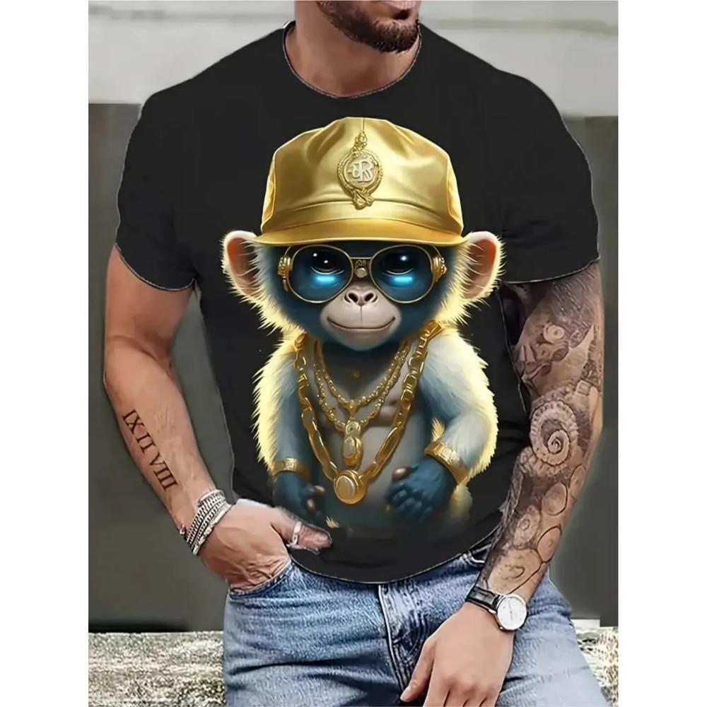 Summer Men Monkey Pattern T-Shirt Hip Pop Short Sleeve Fashion Comfortable Soft Large Size Round Neck T-Shirt