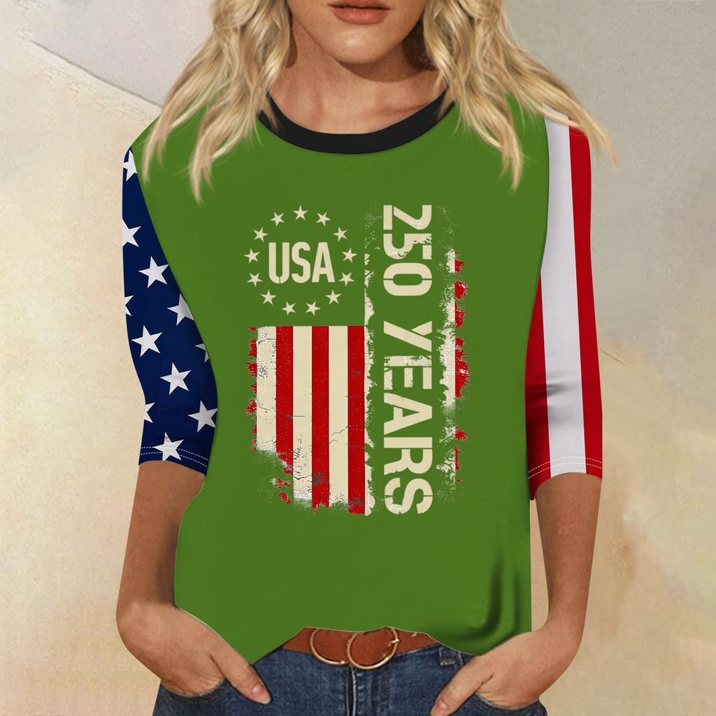 Women's Fashion Casual Seven-Sleeve Independence Day Print Round Neck Top