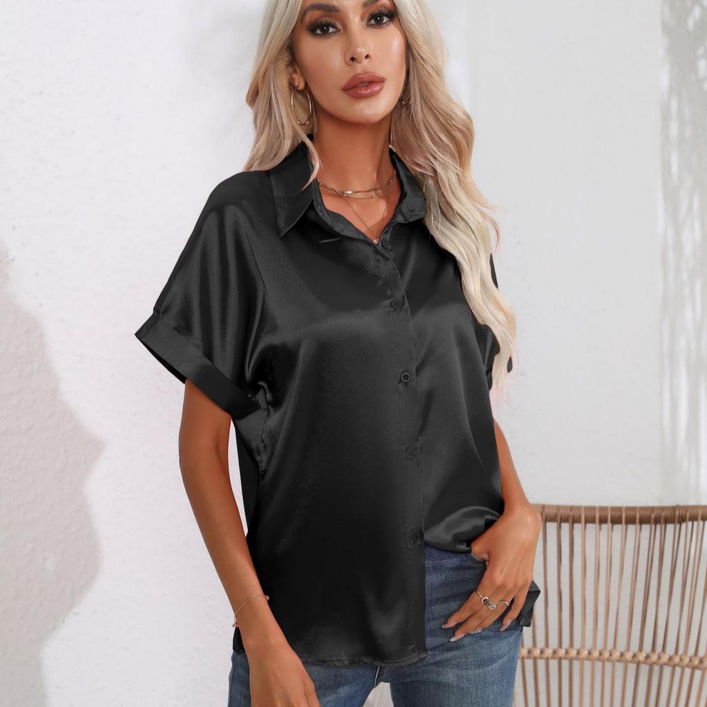 Women's Summer Satin Short Sleeved Shirt Top