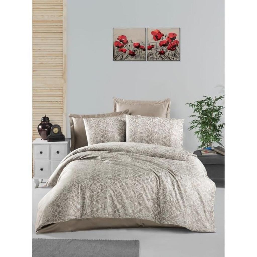 Parure de lit - 1 housse de couette 220 x 240 cm + 2 taies d'oreiller 60 x 60 cm - Satiné 100% coton - Cappuccino