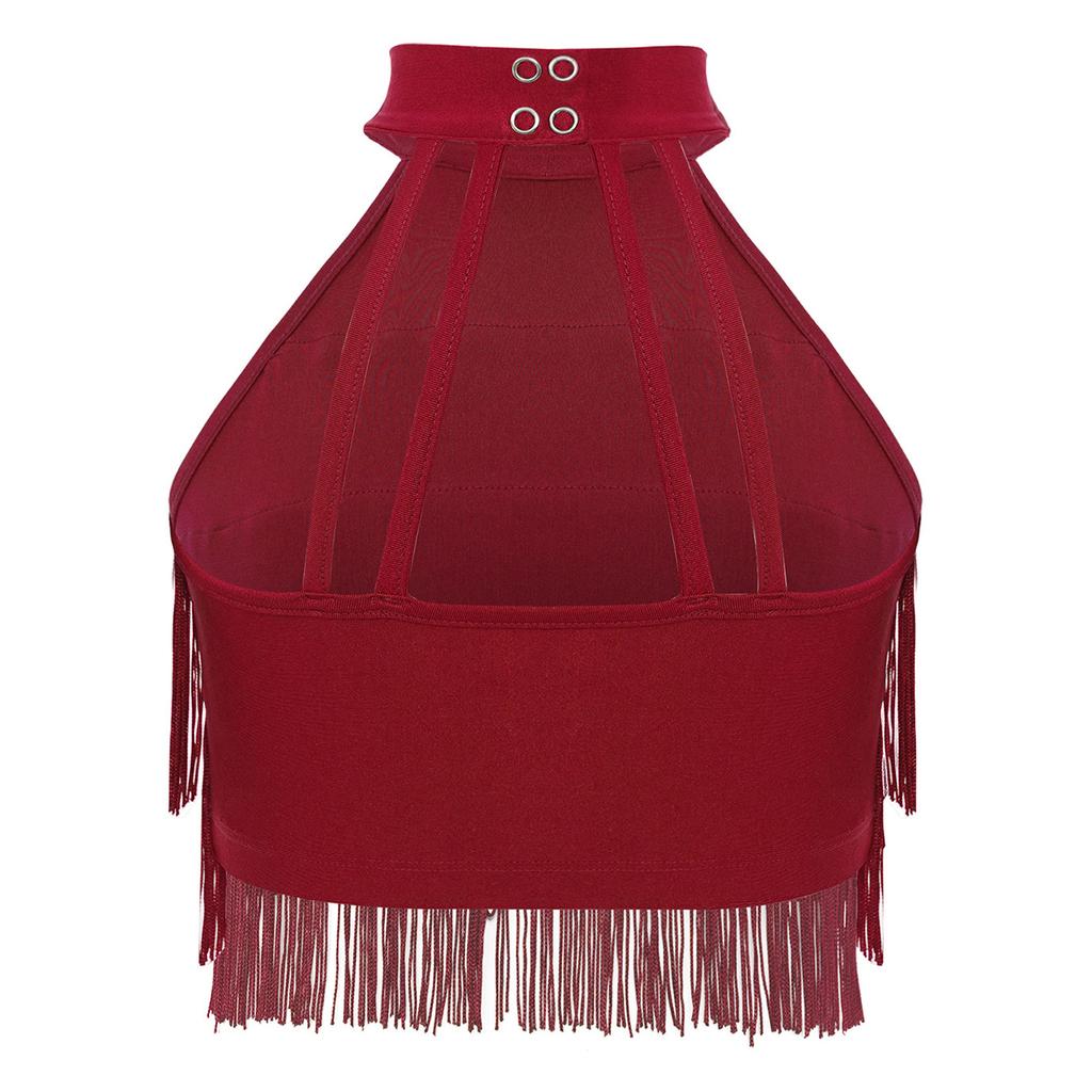 Vielseitiges Latein-Performance-Oberteil für Mädchen: Fransen Crop Top mit offenem Rücken & mehrlagigen Quasten für Salsa, Tanz & Halloween