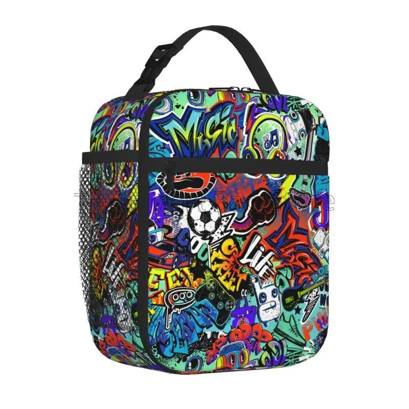 Bolsa de Almuerzo Aislada Reutilizable Portátil Oxford para Viajes Trabajo con Diseño de Graffiti Urbano Cómics Hip Hop